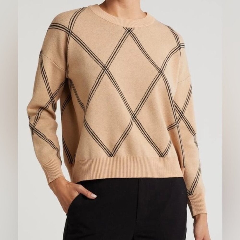 T Tahari Argyle Crewneck Sweater Tan Size S